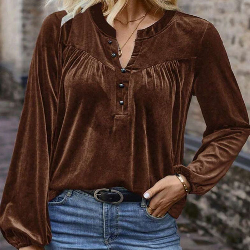 Women's Solid Color V-Neck Button Detail Long Sleeve Pullover