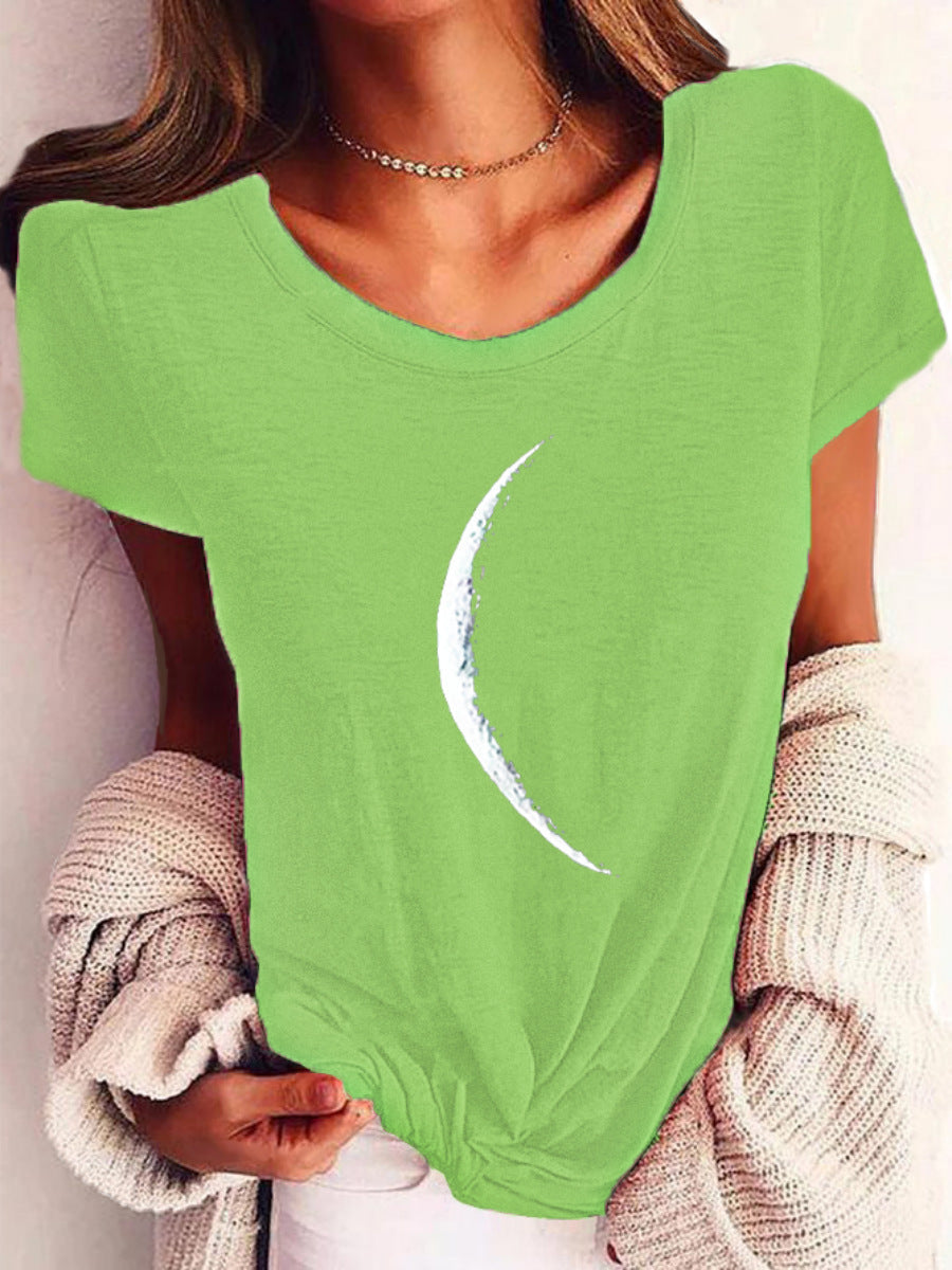 Wide Collar Printed T-Shirt – Casual Short Sleeve Top for Women