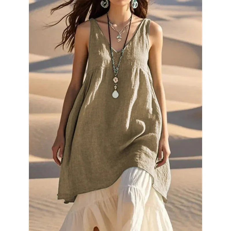 Women's Sleeveless Color-Block Patchwork Maxi Dress – V-Neck
