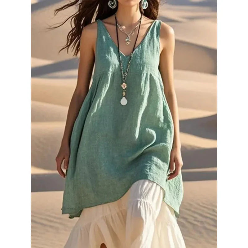 Women's Sleeveless Color-Block Patchwork Maxi Dress – V-Neck
