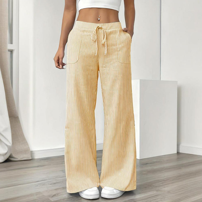 Women's Striped Print Straight Wide Leg Pockets Pants Casual Long Pants