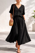 Women's Cotton-Linen V-Neck Button-Up Top & Long Skirt Set