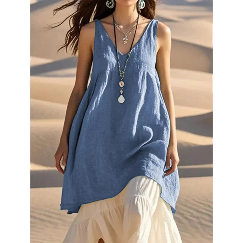 Women's Sleeveless Color-Block Patchwork Maxi Dress – V-Neck