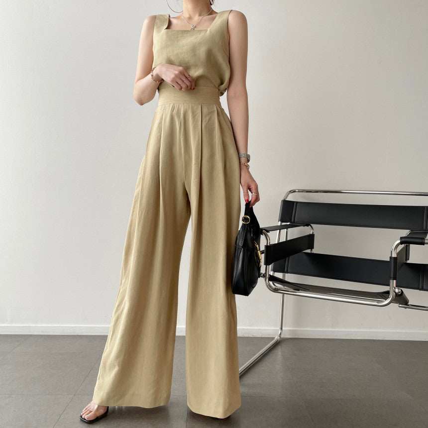 Office Ladies 2-Piece Women Square Neck Loose Vest Top + High Waist Pleated Wide Leg Pants