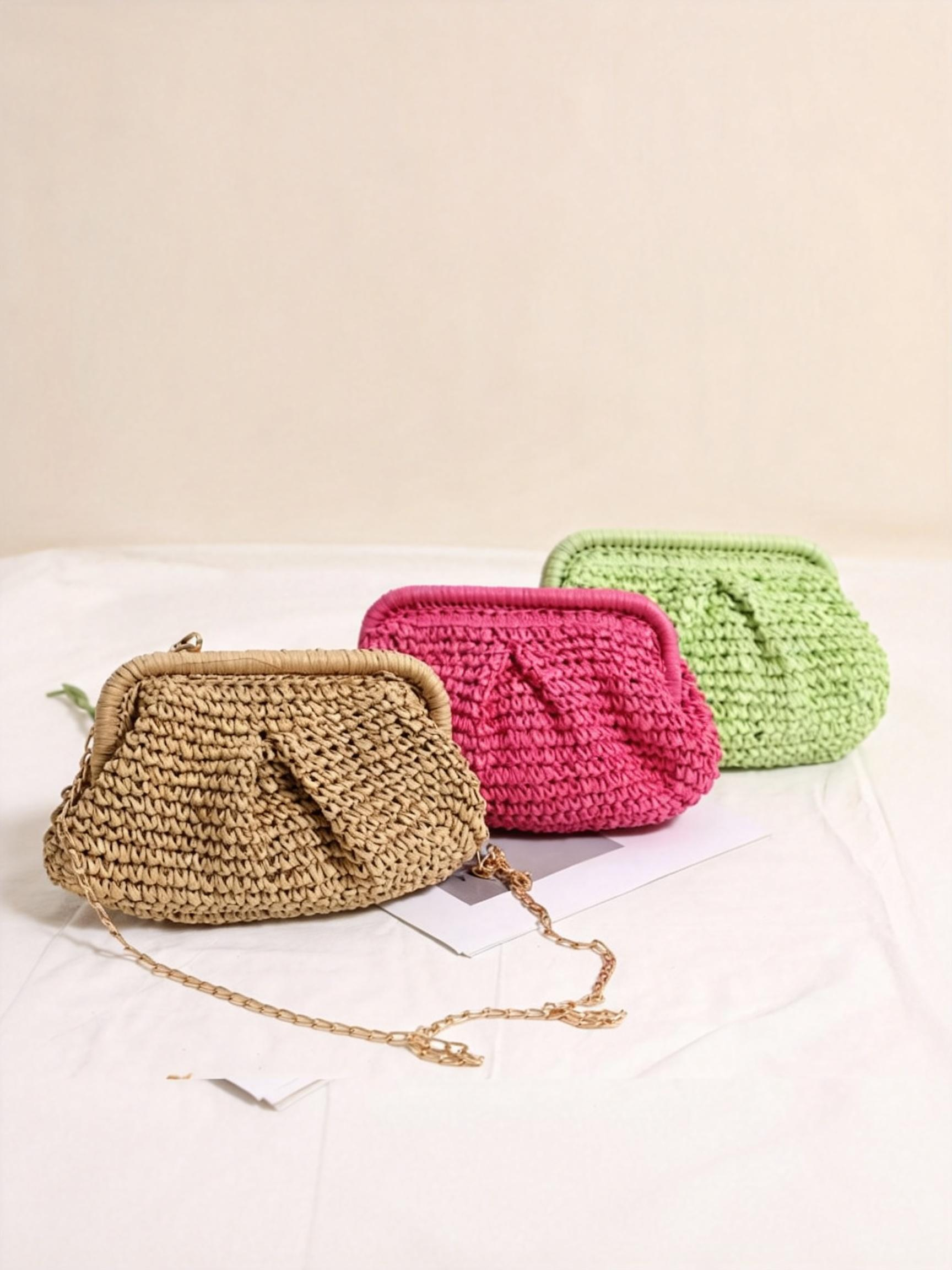 Woven Straw Crossbody Bag with Chain Strap