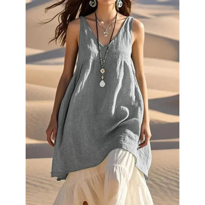 Women's Sleeveless Color-Block Patchwork Maxi Dress – V-Neck