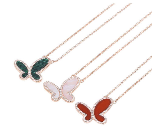 Green Malachite w/ 18k Gold & Cubic Zirconia Butterfly Necklace Jewelry